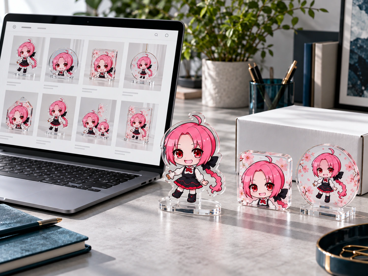 ノートパソコンのオンライン商品一覧とピンク髪のキャラクターのアクリルグッズ